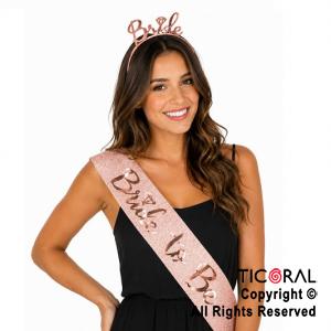 SET VINCHA BRIDE Y BANDA BRIDE TO BE ROSA GOLD